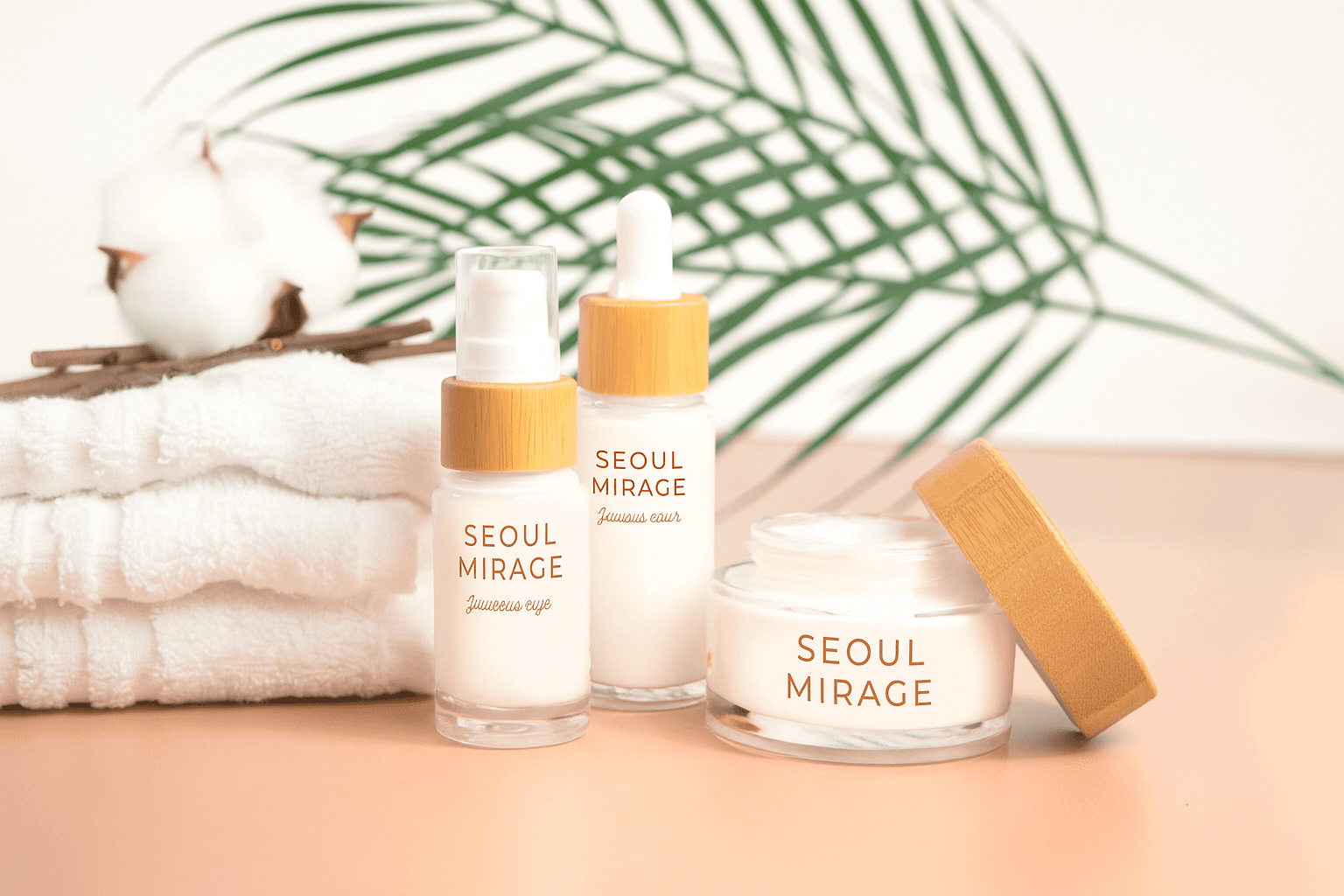 Luxury skincare products including bottles, jars, and droppers